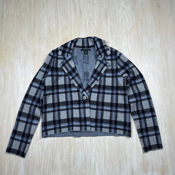 Tahari Black Gray Blue Plaid Cropped One Button Blazer Jacket Long Sleeve Large - Picture 1 of 12